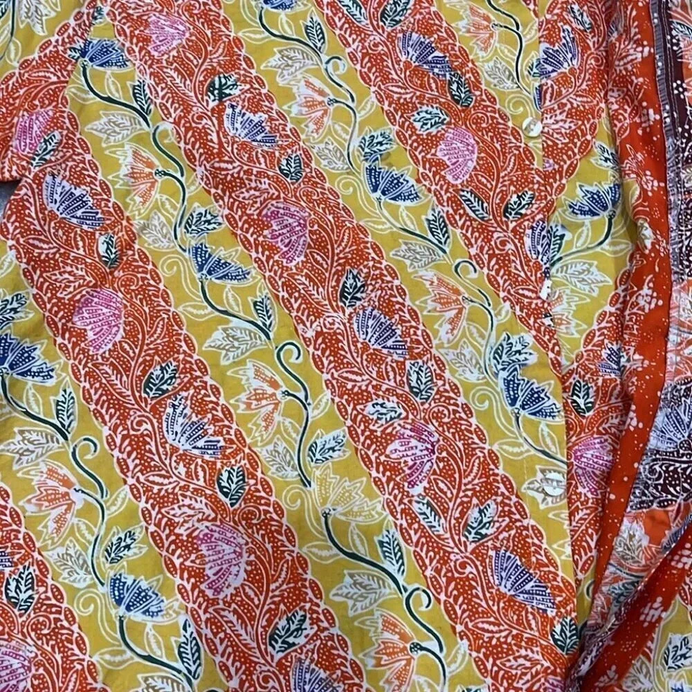 [XL]Popilier Bali Short Sleeve Orange/Yellow Floral Button Up Shirt - Picture 8 of 9